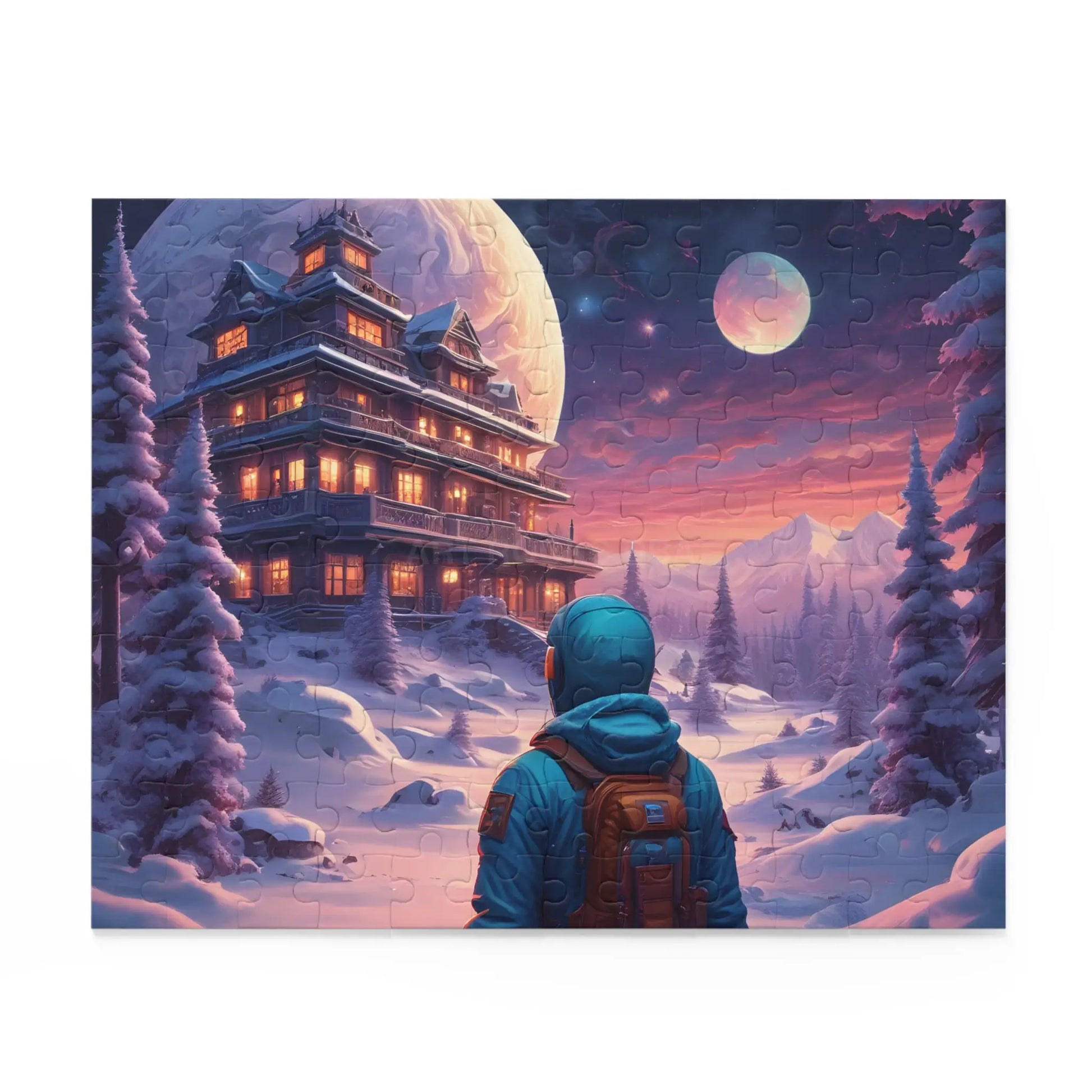 Trippy Moonlit Snowscape Lodge Jigsaw (120/252/500 pcs) - Puzzle