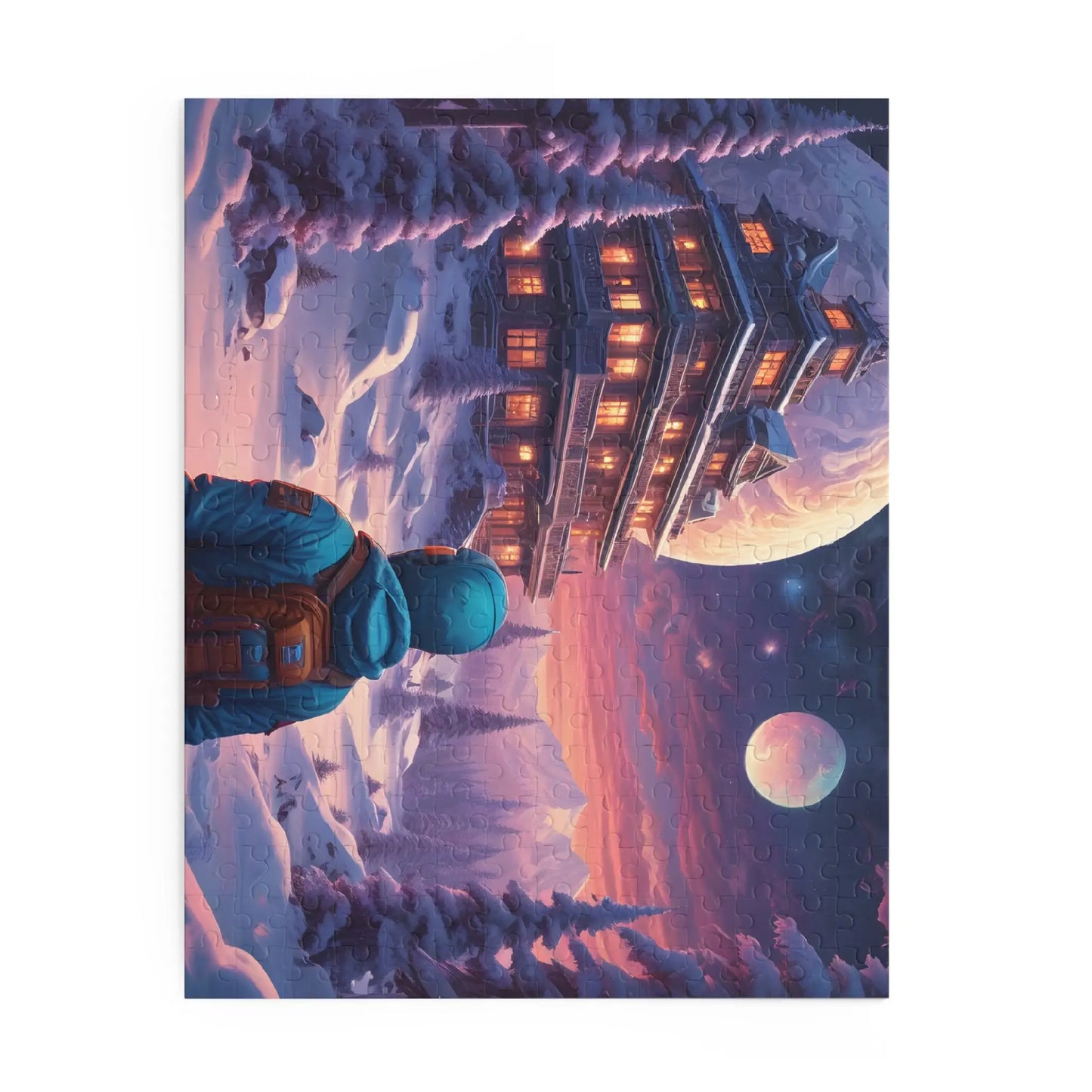 Trippy Moonlit Snowscape Lodge Jigsaw (120/252/500 pcs) - Puzzle