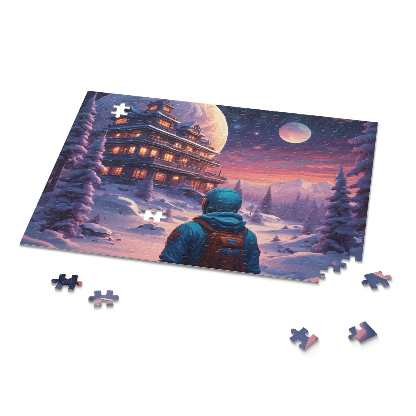 Trippy Moonlit Snowscape Lodge Jigsaw (120/252/500 pcs) - Puzzle