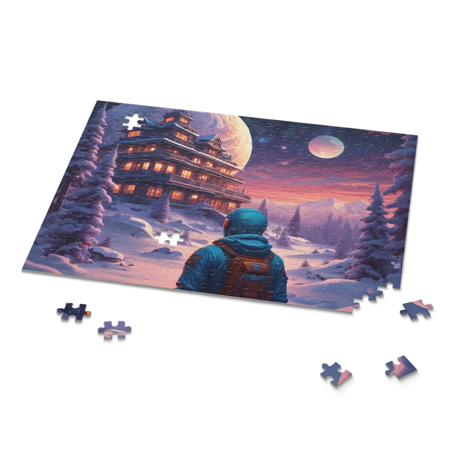Trippy Moonlit Snowscape Lodge Jigsaw (120/252/500 pcs) - Puzzle