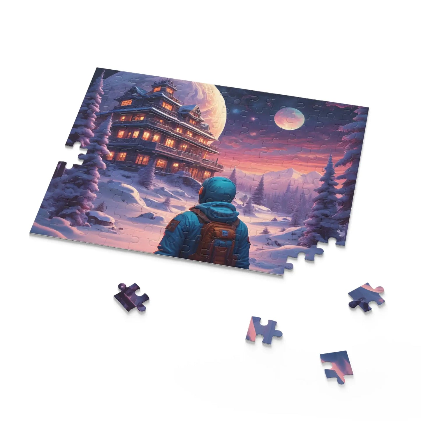Trippy Moonlit Snowscape Lodge Jigsaw (120/252/500 pcs) - Puzzle