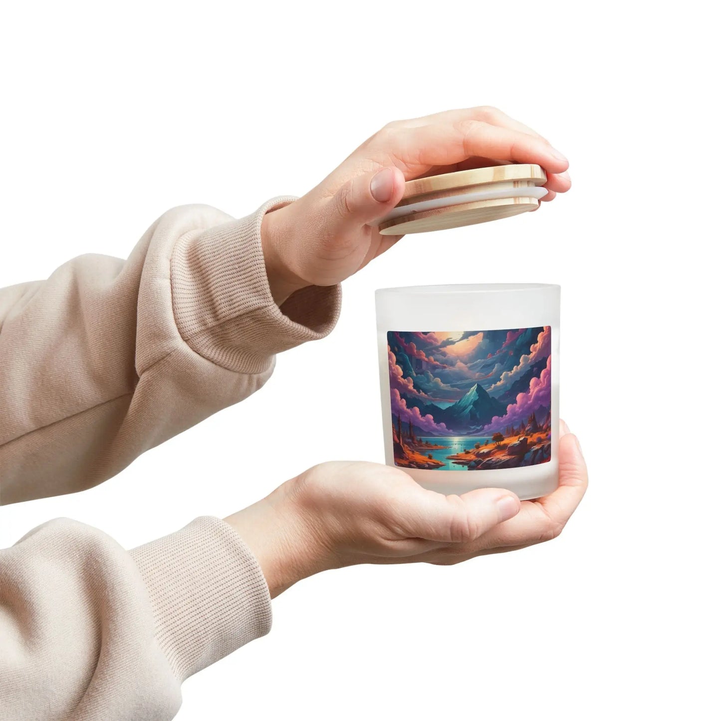 Trippy Mountain Lake Candle — Frosted Glass 11oz (Dreamy Sunset Landscape) - Home Decor