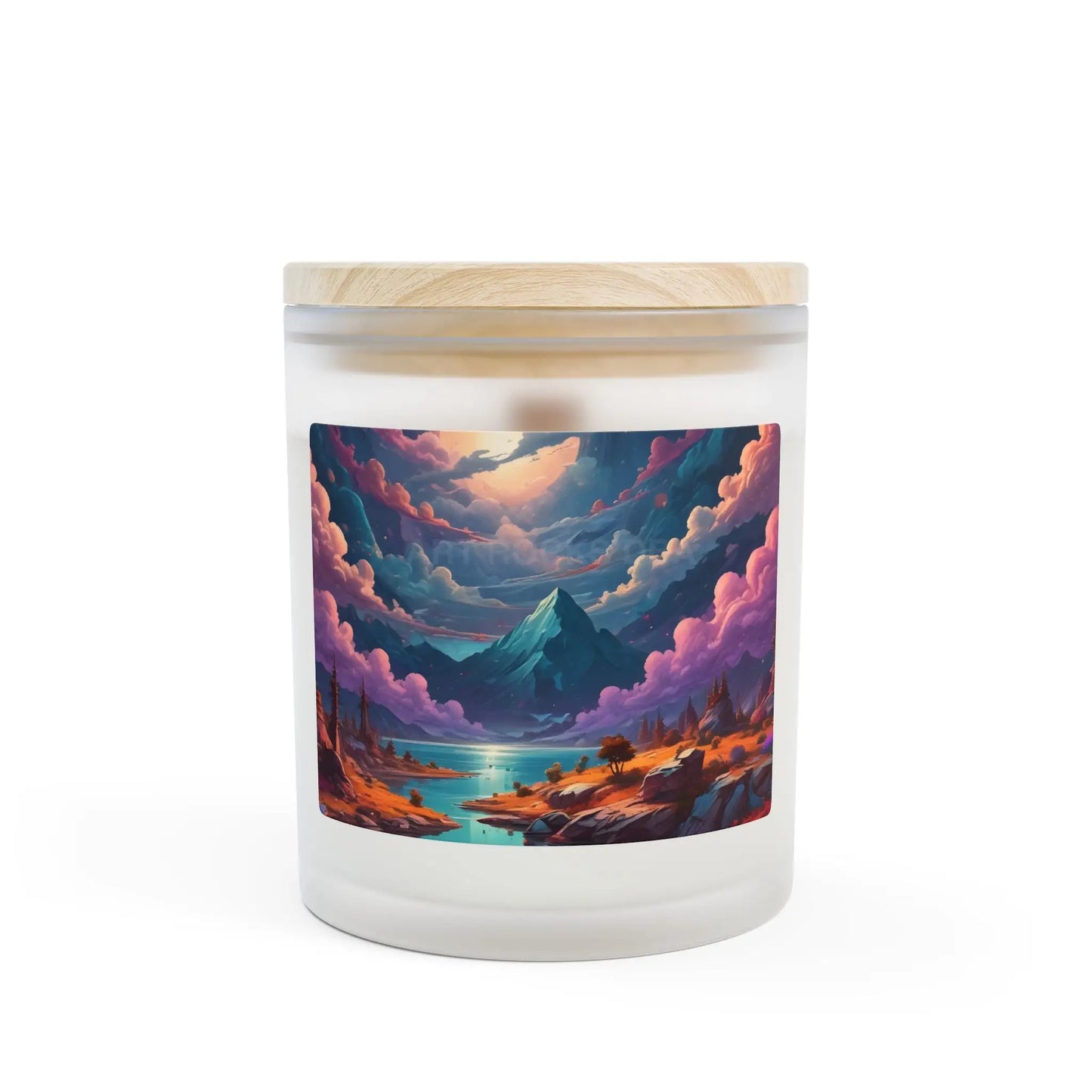 Trippy Mountain Lake Candle — Frosted Glass 11oz (Dreamy Sunset Landscape) - Home Decor