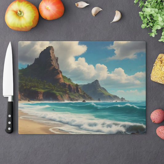 Tropical Beach Cutting Board — Scenic Ocean Waves & Cliff Kitchen Serving Board - Large - Home Decor