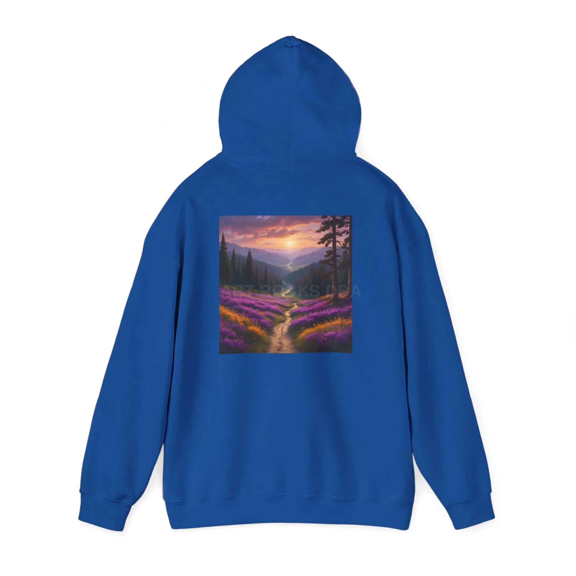 Valley With Purple Flowers Hoodie - Cozy Pullover Gift for Artists Nature Lover’s Apparel Handmade Art Clothing Perfect