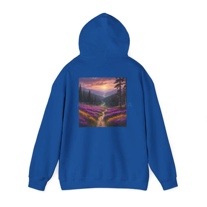 Valley With Purple Flowers Hoodie - Cozy Pullover Gift for Artists Nature Lover’s Apparel Handmade Art Clothing Perfect