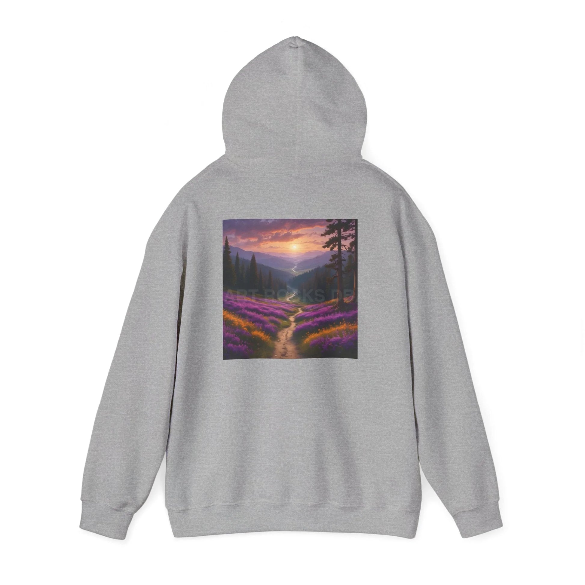 Valley With Purple Flowers Hoodie - Cozy Pullover Gift for Artists Nature Lover’s Apparel Handmade Art Clothing Perfect