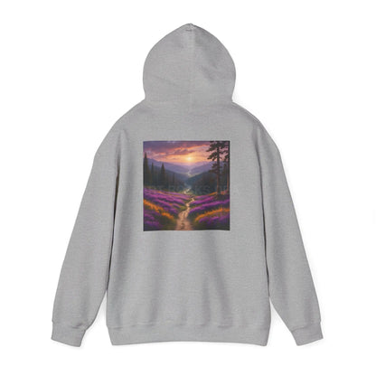 Valley With Purple Flowers Hoodie - Cozy Pullover Gift for Artists Nature Lover’s Apparel Handmade Art Clothing Perfect