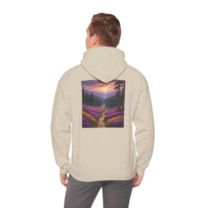 Valley With Purple Flowers Hoodie - Cozy Pullover Gift for Artists Nature Lover’s Apparel Handmade Art Clothing Perfect