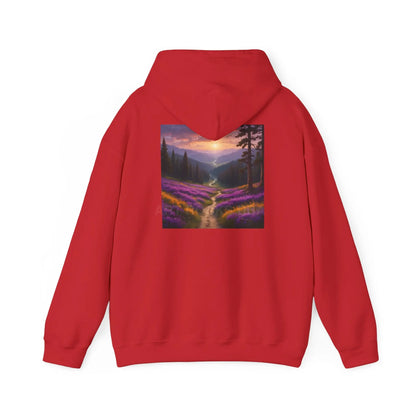 Valley With Purple Flowers Hoodie - Cozy Pullover Gift for Artists Nature Lover’s Apparel Handmade Art Clothing Perfect