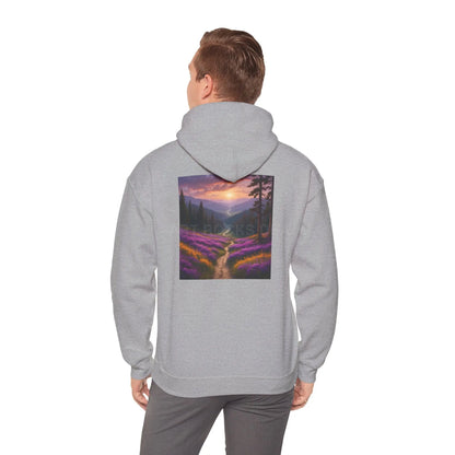 Valley With Purple Flowers Hoodie - Cozy Pullover Gift for Artists Nature Lover’s Apparel Handmade Art Clothing Perfect