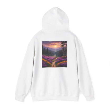 Valley With Purple Flowers Hoodie - Cozy Pullover Gift for Artists Nature Lover’s Apparel Handmade Art Clothing Perfect