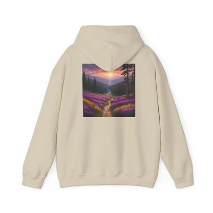 Valley With Purple Flowers Hoodie - Cozy Pullover Gift for Artists Nature Lover’s Apparel Handmade Art Clothing Perfect