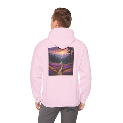 Valley With Purple Flowers Hoodie - Cozy Pullover Gift for Artists Nature Lover’s Apparel Handmade Art Clothing Perfect