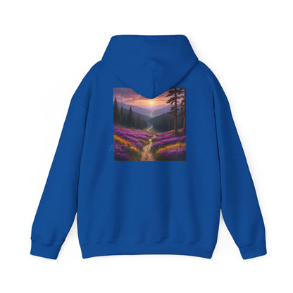 Valley With Purple Flowers Hoodie - Cozy Pullover Gift for Artists Nature Lover’s Apparel Handmade Art Clothing Perfect