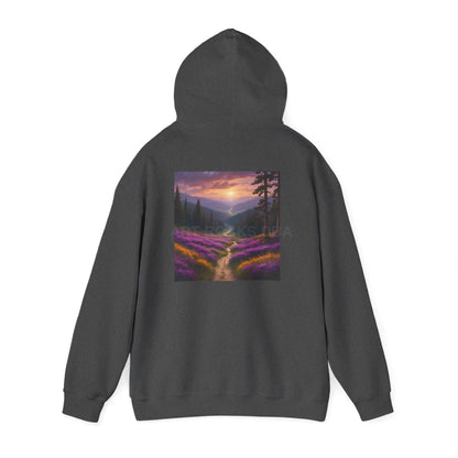 Valley With Purple Flowers Hoodie - Cozy Pullover Gift for Artists Nature Lover’s Apparel Handmade Art Clothing Perfect