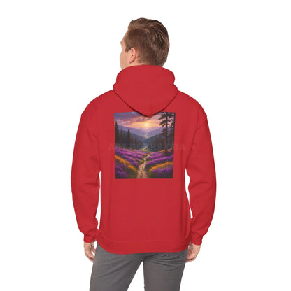 Valley With Purple Flowers Hoodie - Cozy Pullover Gift for Artists Nature Lover’s Apparel Handmade Art Clothing Perfect