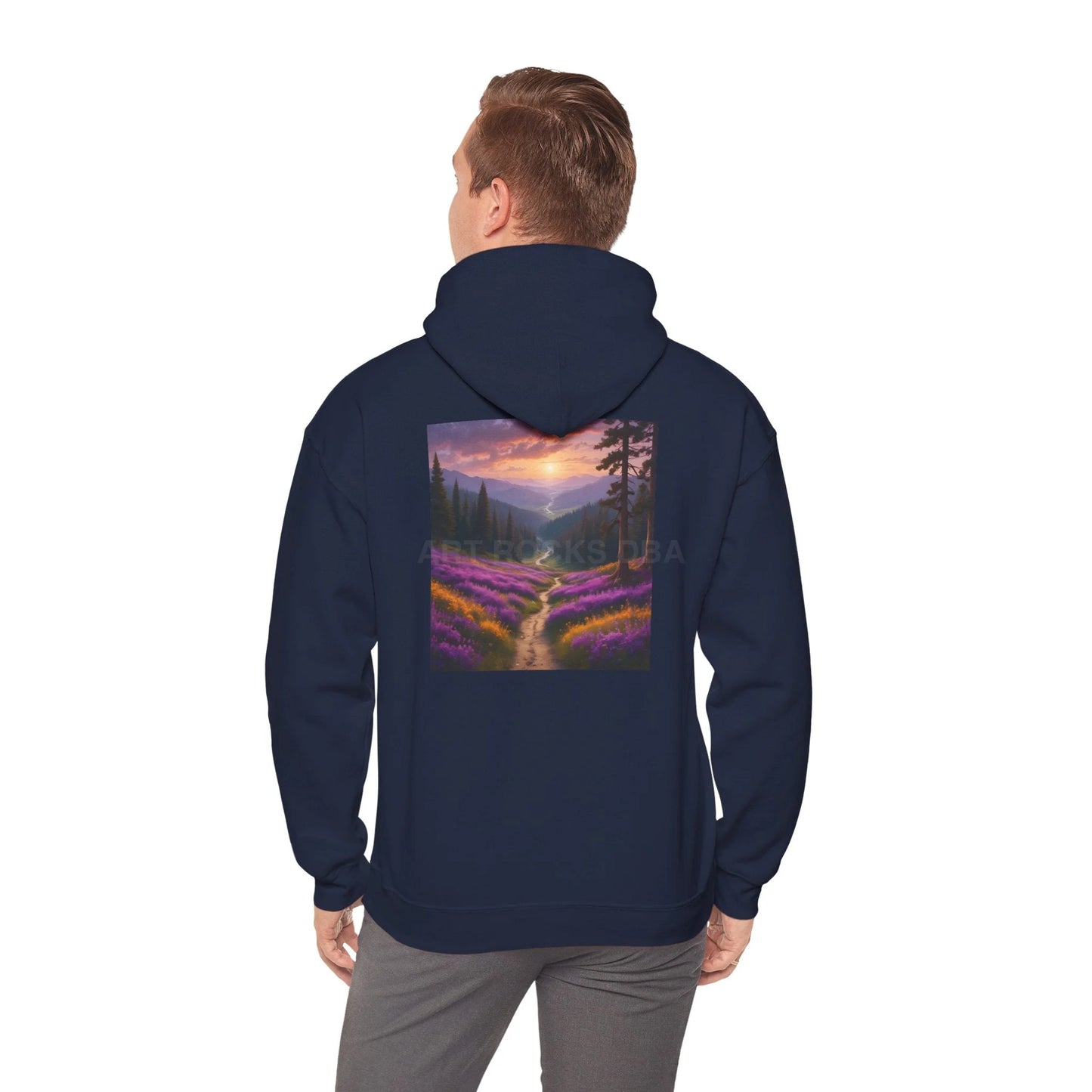 Valley With Purple Flowers Hoodie - Cozy Pullover Gift for Artists Nature Lover’s Apparel Handmade Art Clothing Perfect