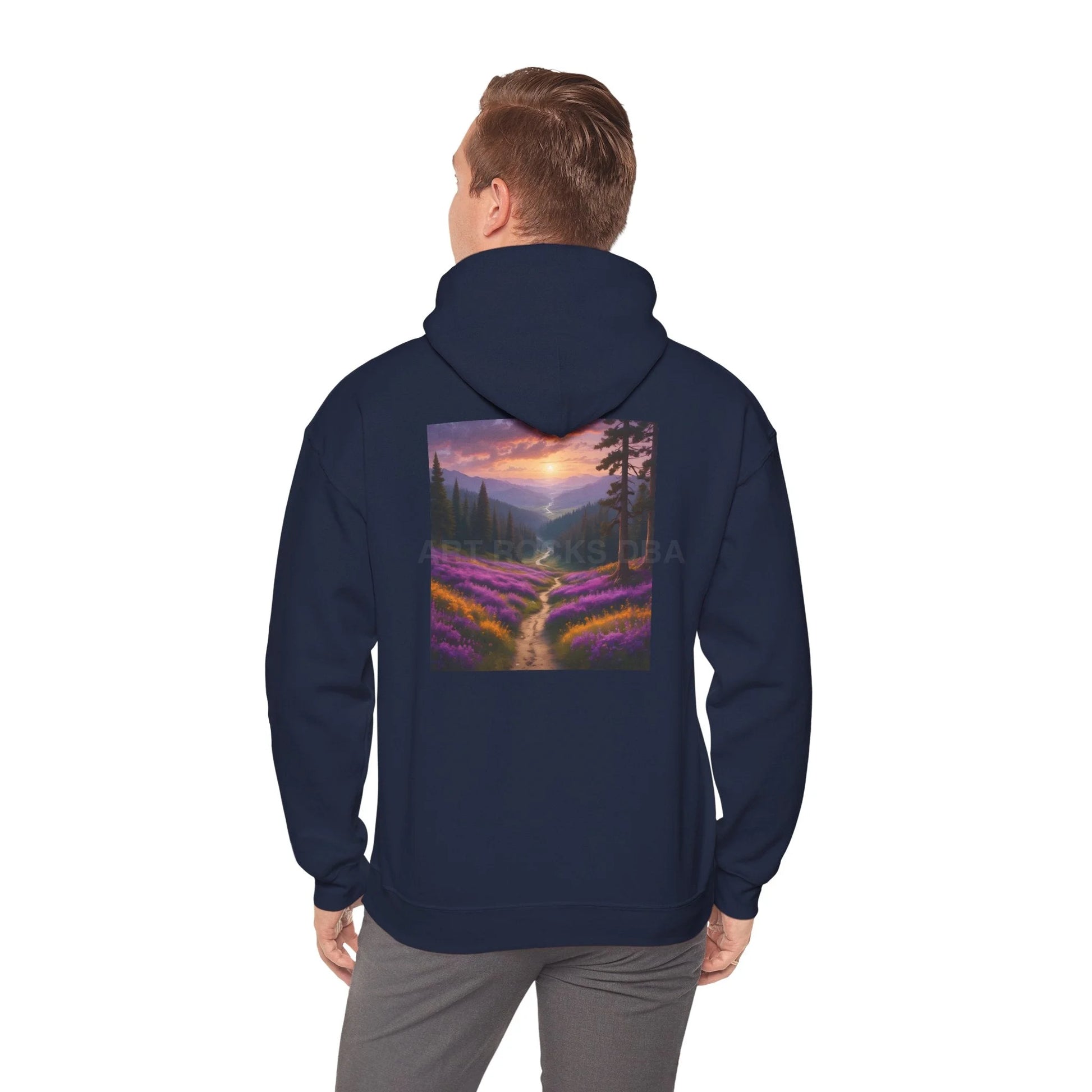Valley With Purple Flowers Hoodie - Cozy Pullover Gift for Artists Nature Lover’s Apparel Handmade Art Clothing Perfect