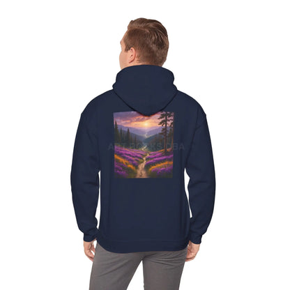 Valley With Purple Flowers Hoodie - Cozy Pullover Gift for Artists Nature Lover’s Apparel Handmade Art Clothing Perfect