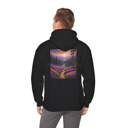 Valley With Purple Flowers Hoodie - Cozy Pullover Gift for Artists Nature Lover’s Apparel Handmade Art Clothing Perfect