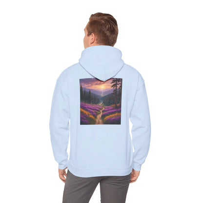 Valley With Purple Flowers Hoodie - Cozy Pullover Gift for Artists Nature Lover’s Apparel Handmade Art Clothing Perfect