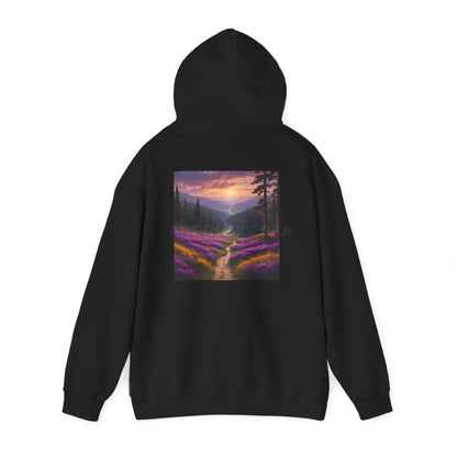 Valley With Purple Flowers Hoodie - Cozy Pullover Gift for Artists Nature Lover’s Apparel Handmade Art Clothing Perfect
