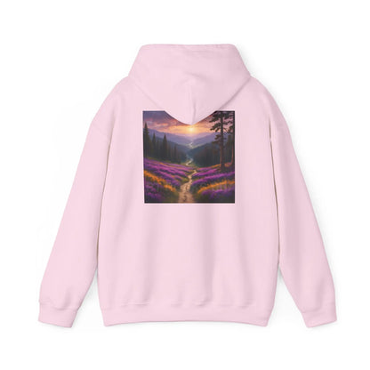 Valley With Purple Flowers Hoodie - Cozy Pullover Gift for Artists Nature Lover’s Apparel Handmade Art Clothing Perfect