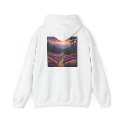 Valley With Purple Flowers Hoodie - Cozy Pullover Gift for Artists Nature Lover’s Apparel Handmade Art Clothing Perfect