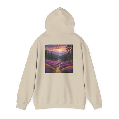 Valley With Purple Flowers Hoodie - Cozy Pullover Gift for Artists Nature Lover’s Apparel Handmade Art Clothing Perfect