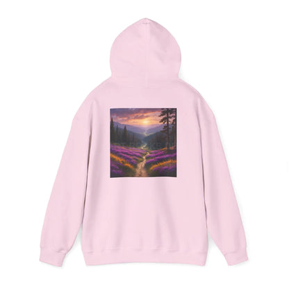 Valley With Purple Flowers Hoodie - Cozy Pullover Gift for Artists Nature Lover’s Apparel Handmade Art Clothing Perfect