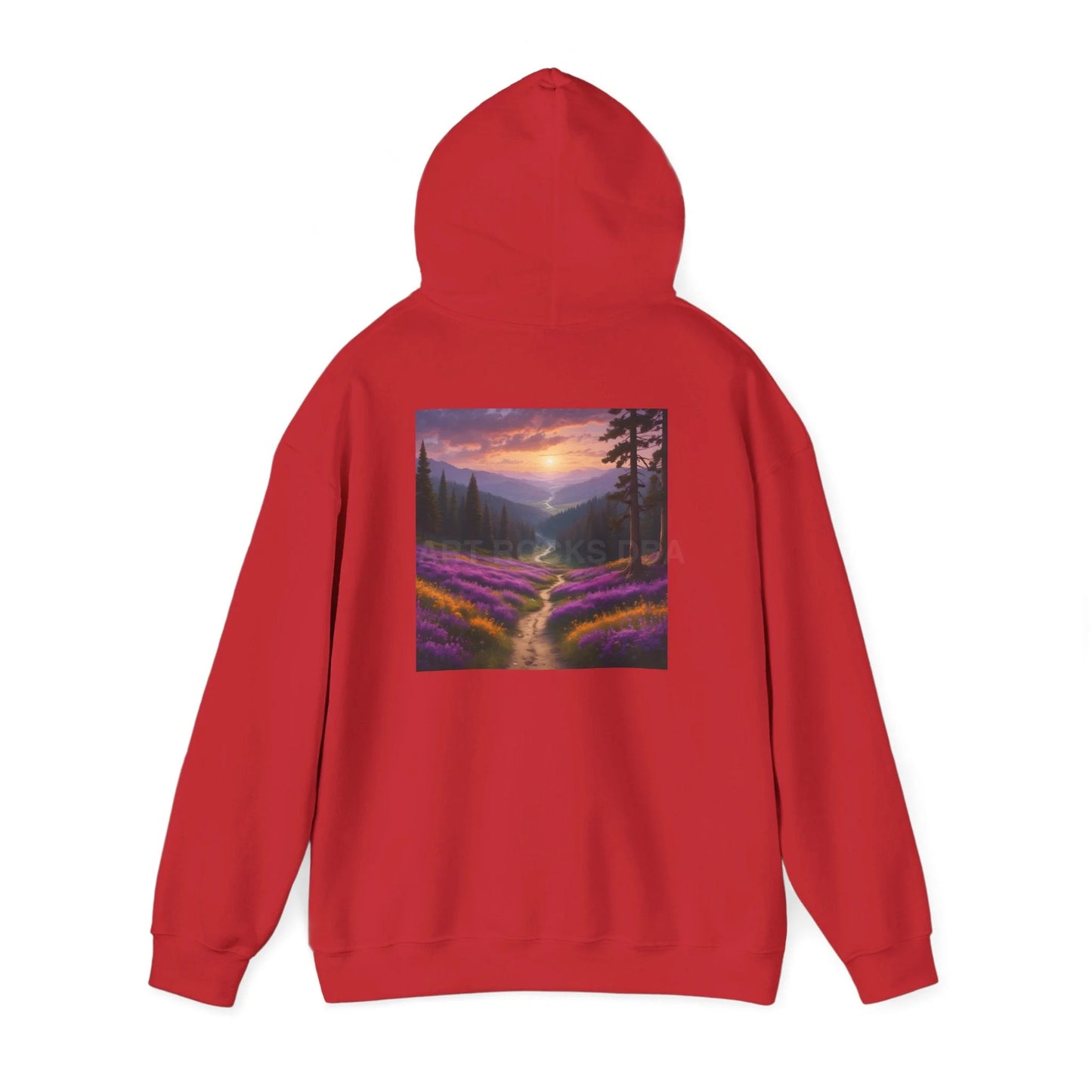 Valley With Purple Flowers Hoodie - Cozy Pullover Gift for Artists Nature Lover’s Apparel Handmade Art Clothing Perfect