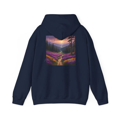Valley With Purple Flowers Hoodie - Cozy Pullover Gift for Artists Nature Lover’s Apparel Handmade Art Clothing Perfect