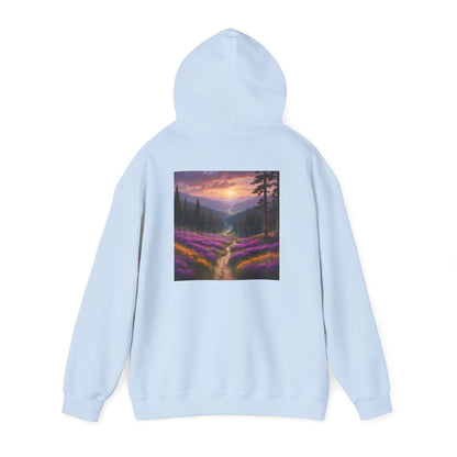 Valley With Purple Flowers Hoodie - Cozy Pullover Gift for Artists Nature Lover’s Apparel Handmade Art Clothing Perfect