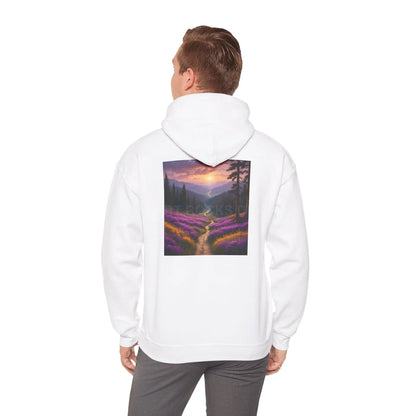 Valley With Purple Flowers Hoodie - Cozy Pullover Gift for Artists Nature Lover’s Apparel Handmade Art Clothing Perfect