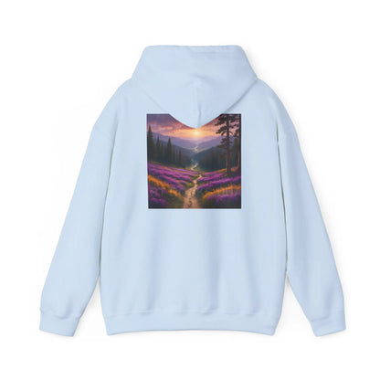 Valley With Purple Flowers Hoodie - Cozy Pullover Gift for Artists Nature Lover’s Apparel Handmade Art Clothing Perfect