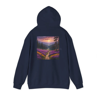 Valley With Purple Flowers Hoodie - Cozy Pullover Gift for Artists Nature Lover’s Apparel Handmade Art Clothing Perfect