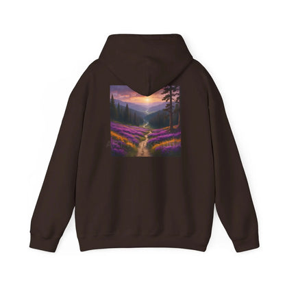 Valley With Purple Flowers Hoodie - Cozy Pullover Gift for Artists Nature Lover’s Apparel Handmade Art Clothing Perfect