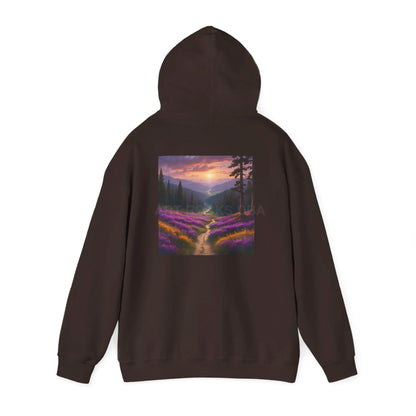 Valley With Purple Flowers Hoodie - Cozy Pullover Gift for Artists Nature Lover’s Apparel Handmade Art Clothing Perfect