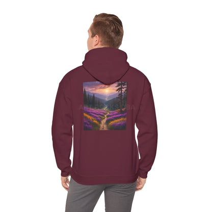 Valley With Purple Flowers Hoodie - Cozy Pullover Gift for Artists Nature Lover’s Apparel Handmade Art Clothing Perfect