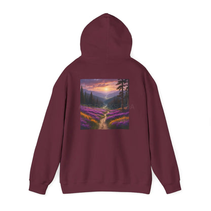 Valley With Purple Flowers Hoodie - Cozy Pullover Gift for Artists Nature Lover’s Apparel Handmade Art Clothing Perfect