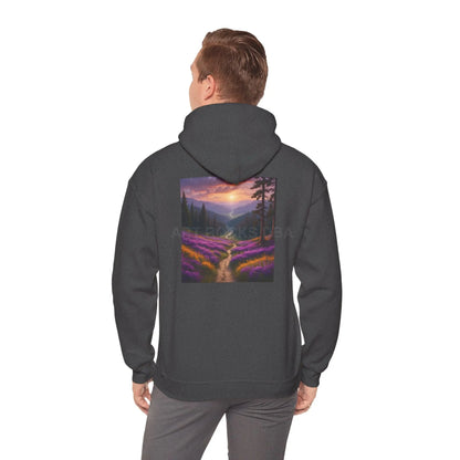Valley With Purple Flowers Hoodie - Cozy Pullover Gift for Artists Nature Lover’s Apparel Handmade Art Clothing Perfect