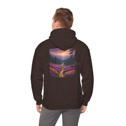Valley With Purple Flowers Hoodie - Cozy Pullover Gift for Artists Nature Lover’s Apparel Handmade Art Clothing Perfect