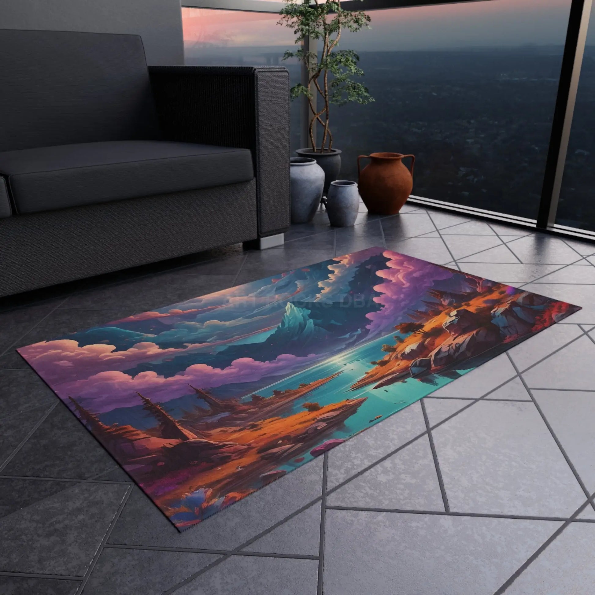 Vibrant Outdoor Rug with Mountain Landscape Design Patio Decor Bohemian Style Camping Accessories Garden Rug Home