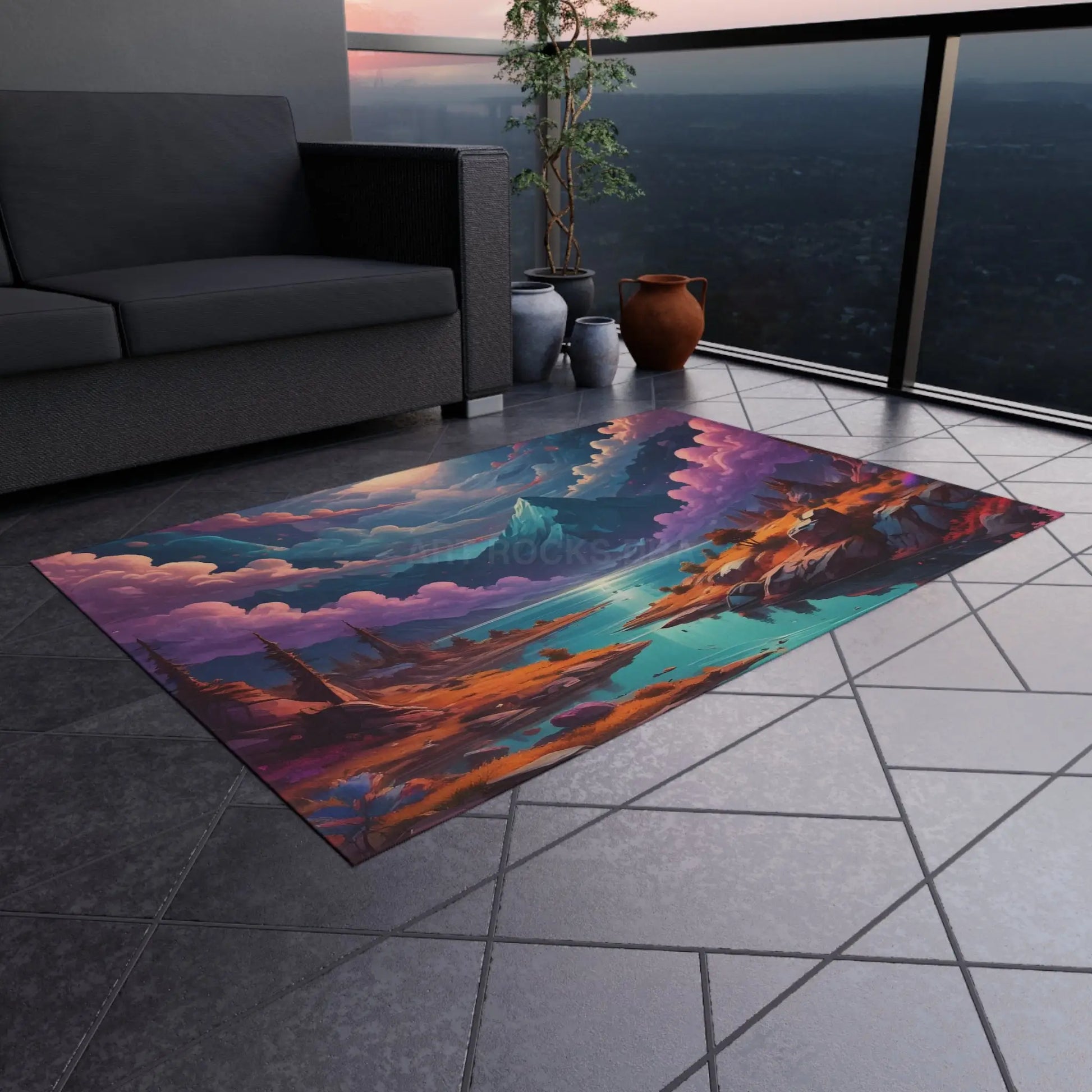 Vibrant Outdoor Rug with Mountain Landscape Design Patio Decor Bohemian Style Camping Accessories Garden Rug Home