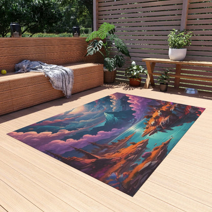 Vibrant Outdoor Rug with Mountain Landscape Design Patio Decor Bohemian Style Camping Accessories Garden Rug Home