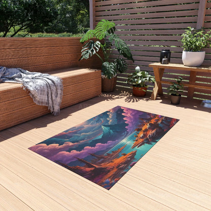 Vibrant Outdoor Rug with Mountain Landscape Design Patio Decor Bohemian Style Camping Accessories Garden Rug Home