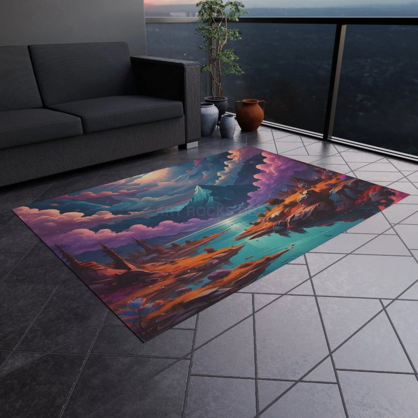 Vibrant Outdoor Rug with Mountain Landscape Design Patio Decor Bohemian Style Camping Accessories Garden Rug Home