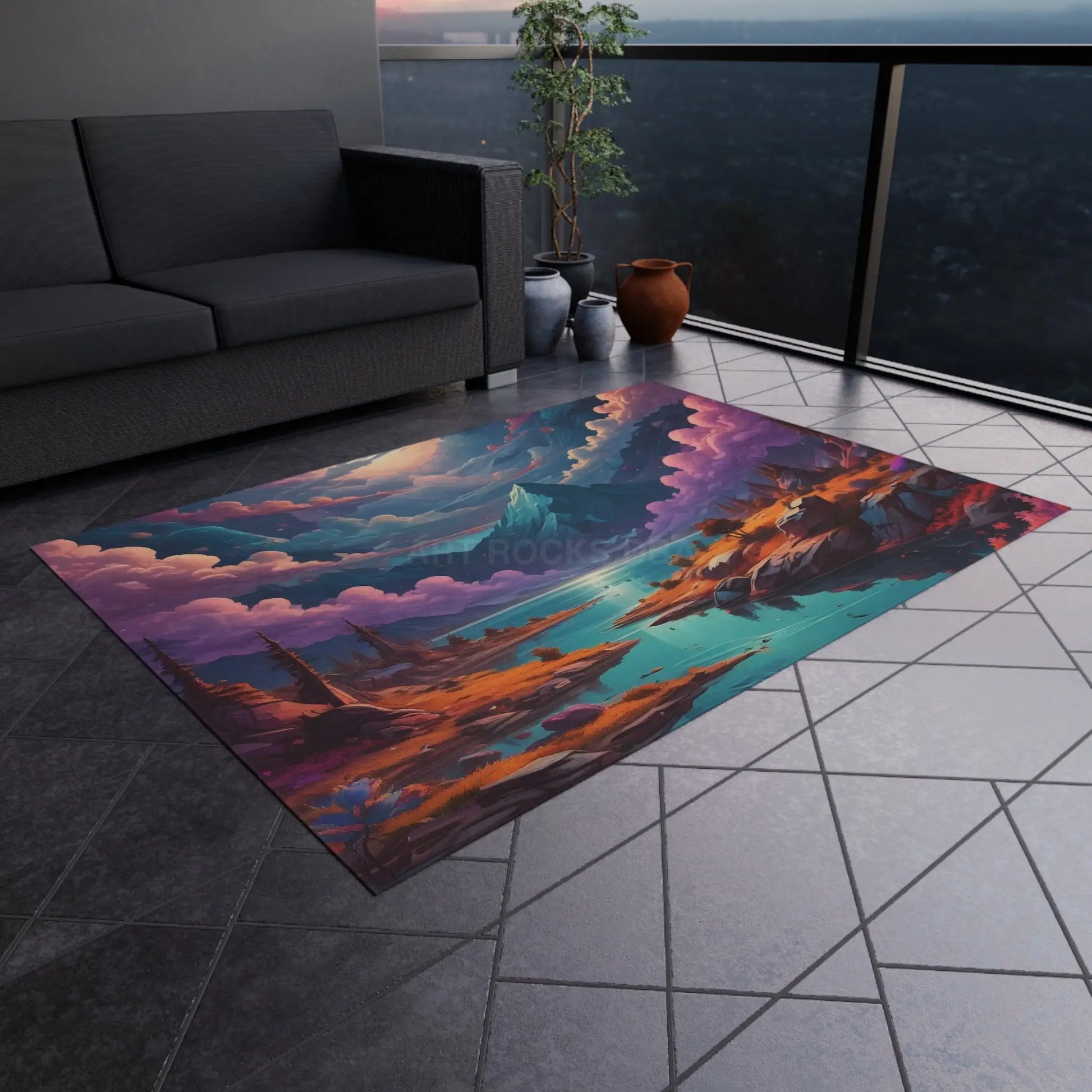 Vibrant Outdoor Rug with Mountain Landscape Design Patio Decor Bohemian Style Camping Accessories Garden Rug Home