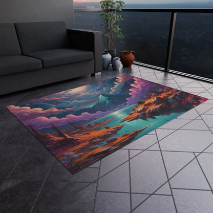 Vibrant Outdoor Rug with Mountain Landscape Design Patio Decor Bohemian Style Camping Accessories Garden Rug Home